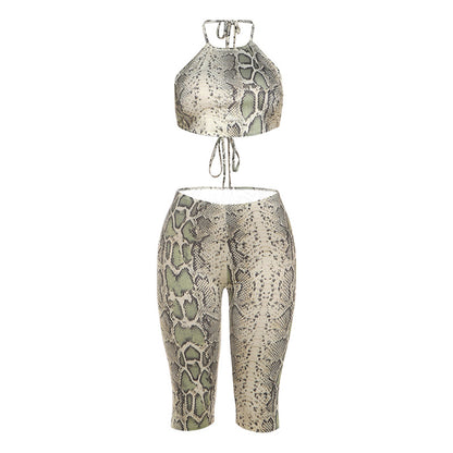 Digital Print Sexy Tie-up Strapless Crop Top &amp; High-waisted Pants Set