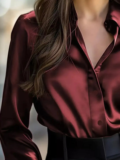 Button Down Collared Neck Long Sleeve Shirt - Burgundy - View 2