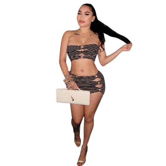 Bareback hollow metal decorative skirt set for women
