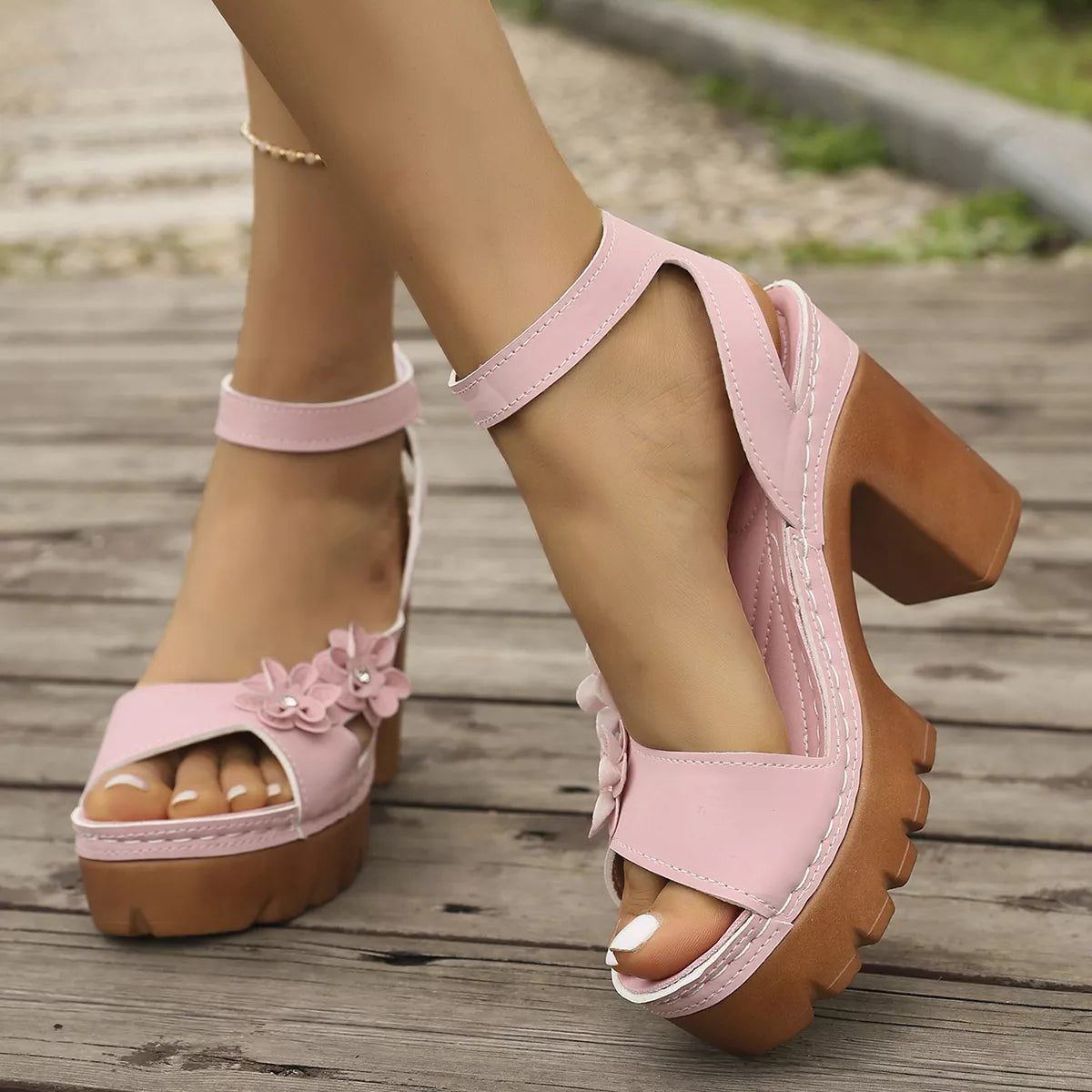 Open Toe Block Heels Sandals - Pink - View 7