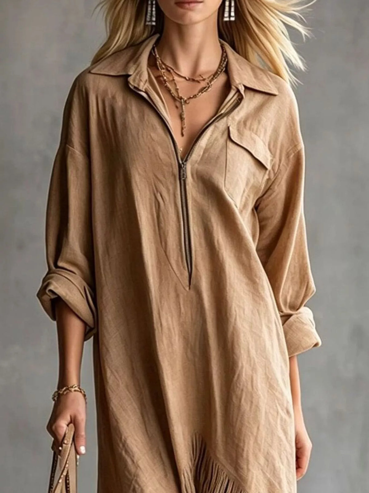 Zipper-Front Fringe Hem Midi Dress - Camel - View 3