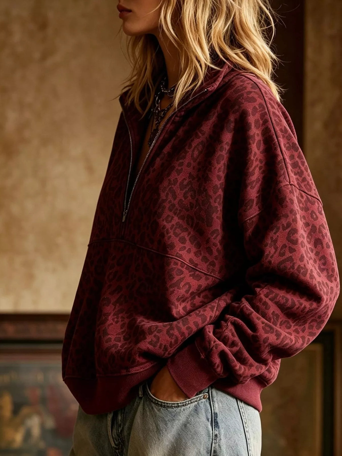 Leopard Half Zip Oversized Sweatshirt - Burgundy - View 5
