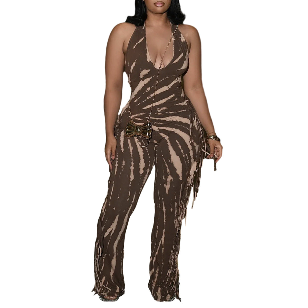 Fitted Backless Fringe Printed Halter Tie-Up Jumpsuit