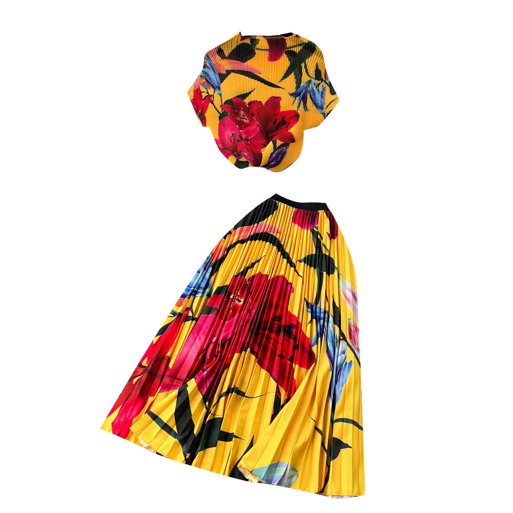 Summer Runway Pleated Flower Print 2 Piece Suit Women Raglan Sleeve Stretch Pullover Top+A-Line Long Skirt Female Matching Set
