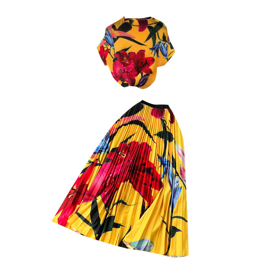 Summer Runway Pleated Flower Print 2 Piece Suit Women Raglan Sleeve Stretch Pullover Top+A-Line Long Skirt Female Matching Set