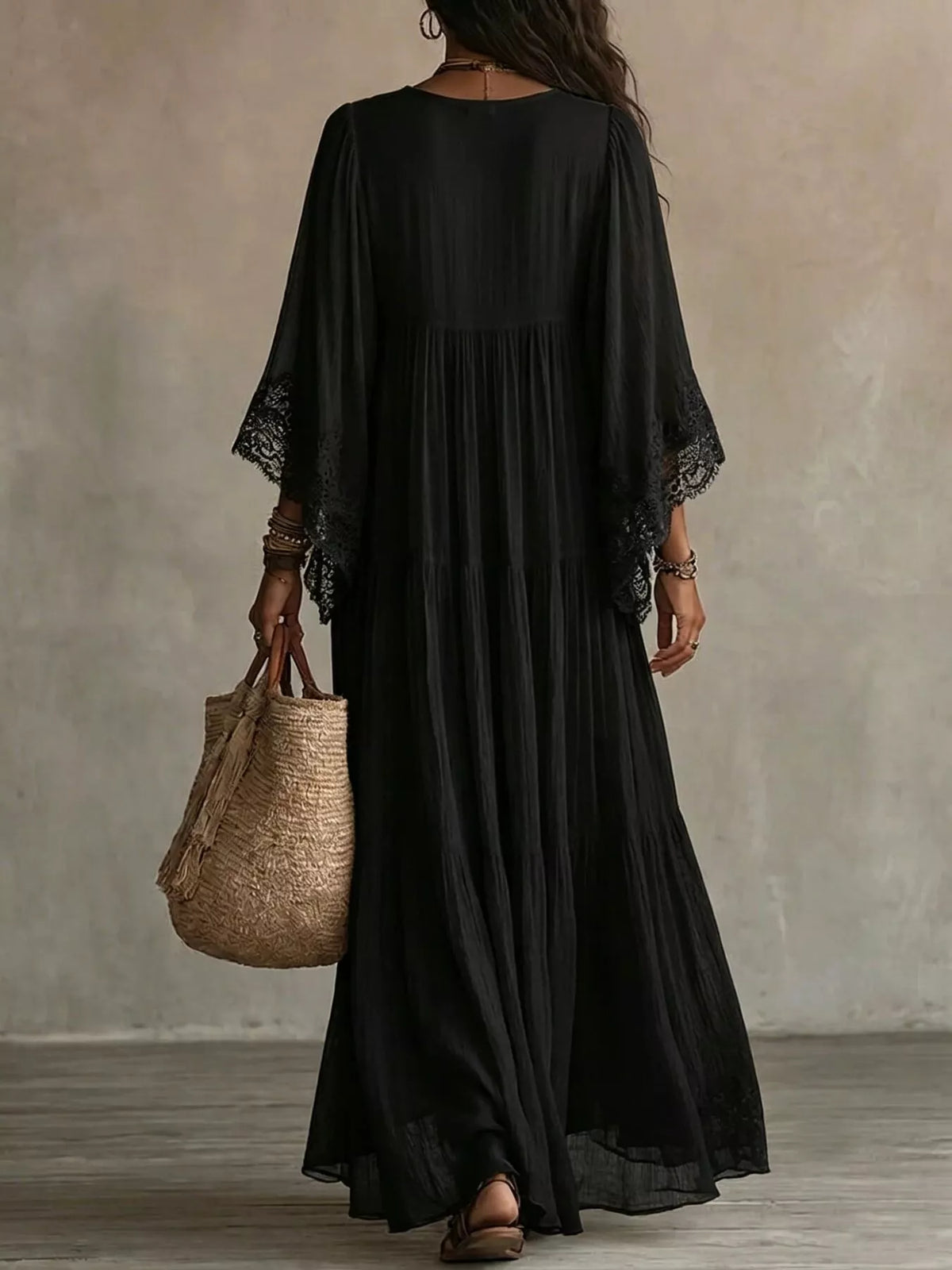 Lace Trim V-Neck Maxi Dress - Black - View 2