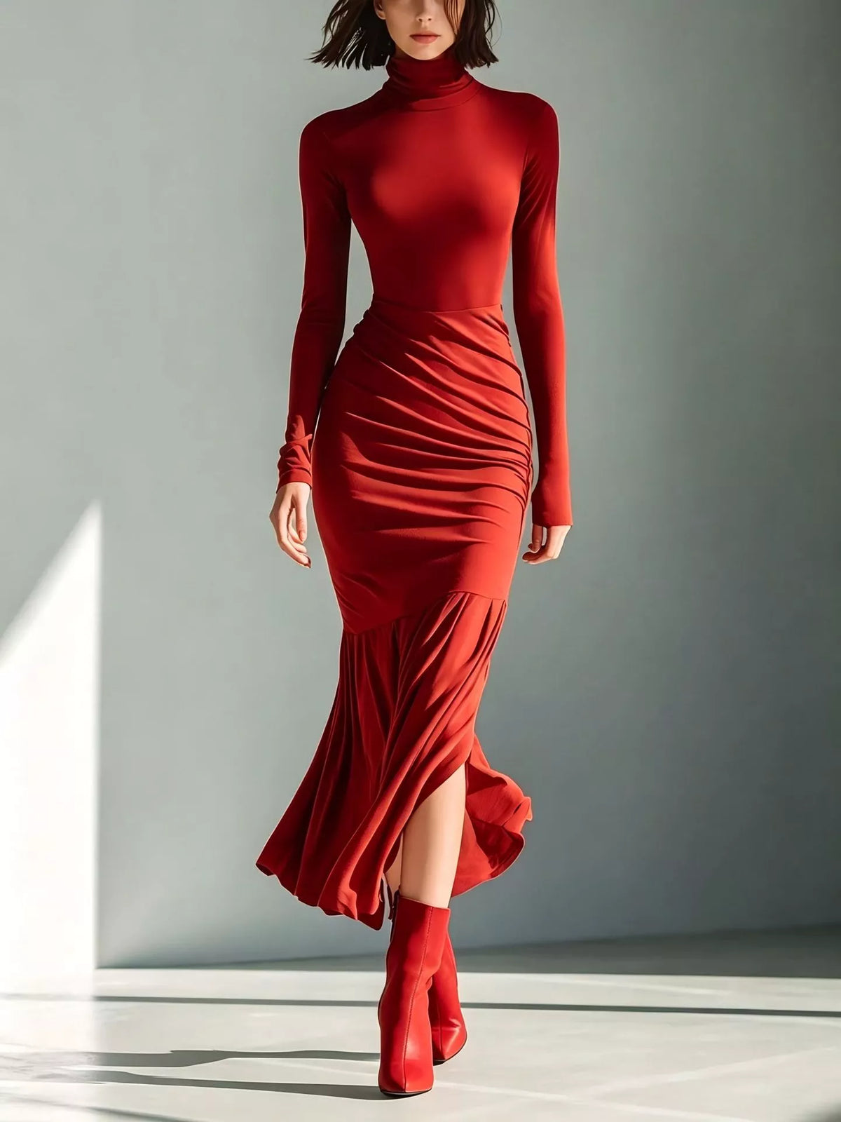 Full Size Slit Turtleneck Ruched Bodycon Mermaid Dress Plus Size - Red - View 1