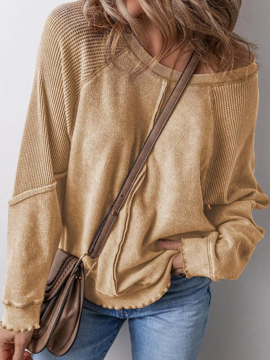 Waffle Knit Raglan Sleeve Sweatshirt - Camel - View 1