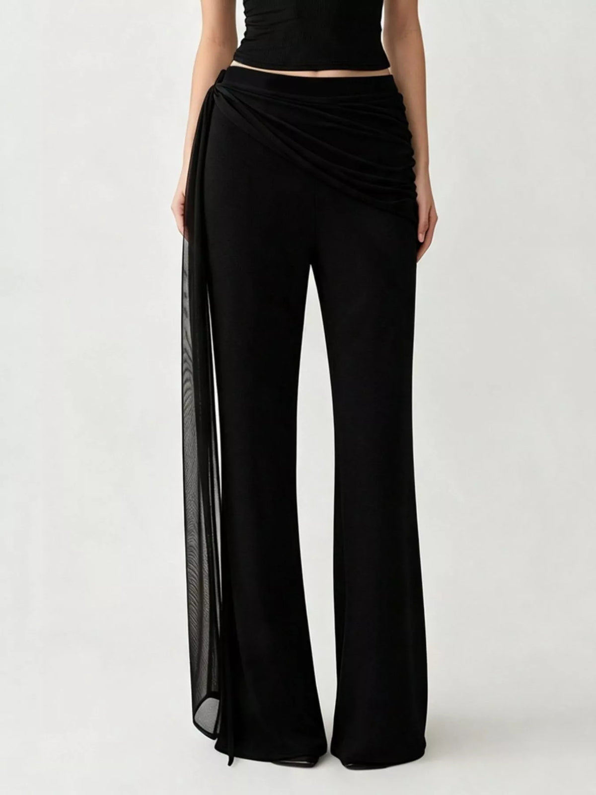 Draped Mesh Flare Pants - Black - View 1