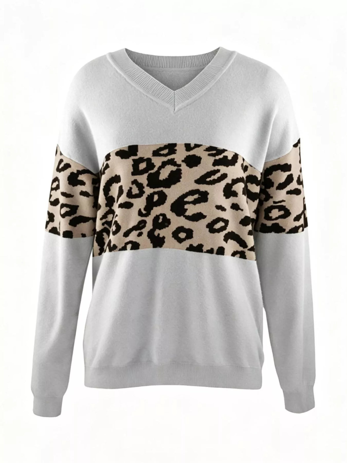 Leopard V-Neck Dropped Shoulder Sweater - Grey - View 2