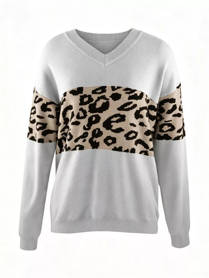 Leopard V-Neck Dropped Shoulder Sweater - Grey - View 2