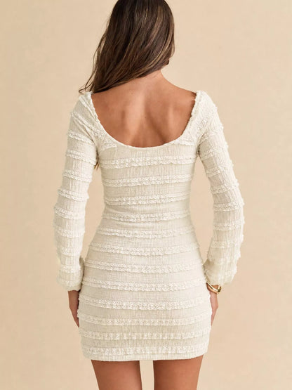 Textured Long-Sleeve Bodycon Mini Dress with Tie-Front - Apricot - View 5