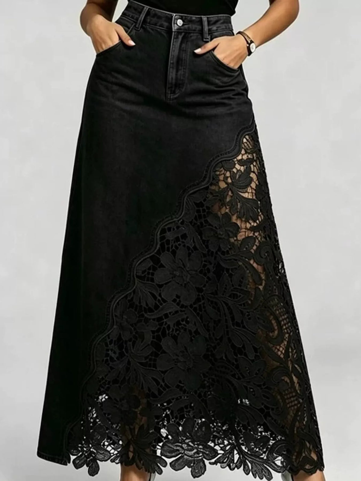 Full Size High-Waisted Lace Denim Skirt Plus Size - Black - View 4