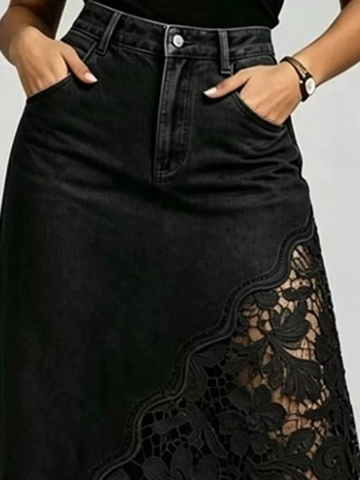 Full Size High-Waisted Lace Denim Skirt Plus Size - Black - View 5