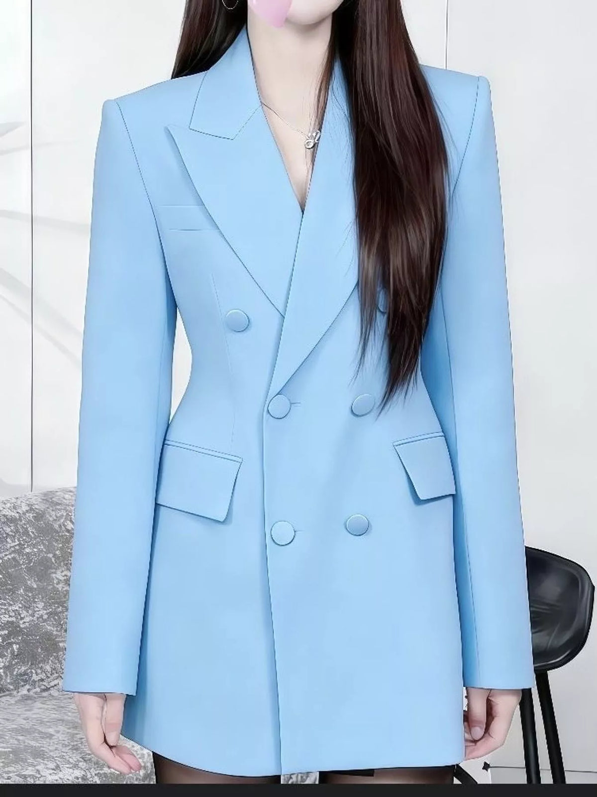 Full Size Double-Breasted Slim-Fit Blazer Plus Size - Sky Blue - View 28