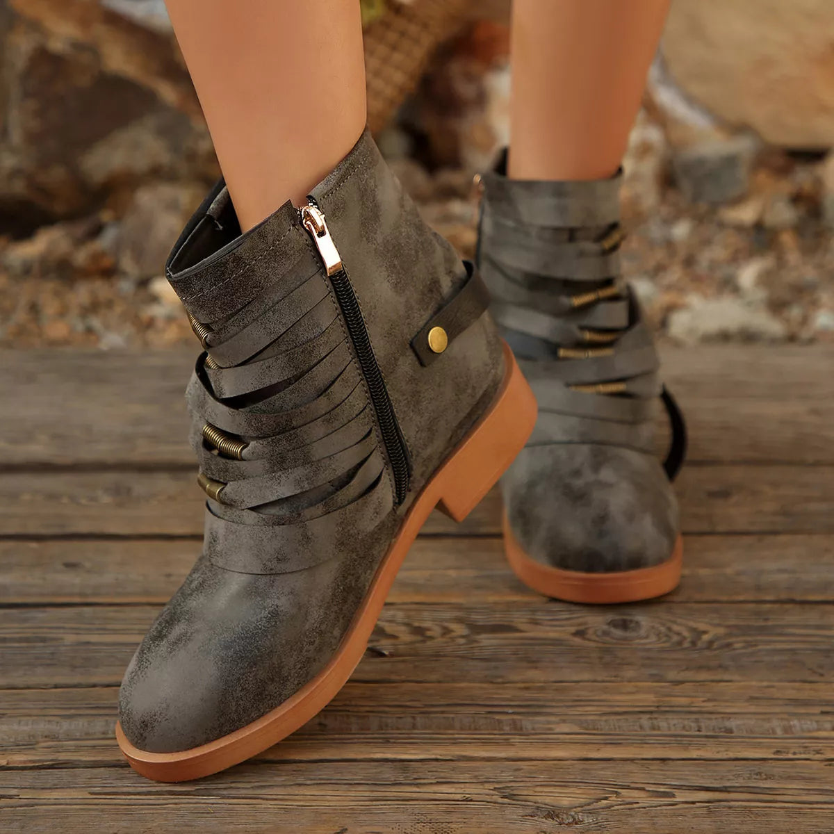 Strappy Buckle Ankle Boots - Grey - View 1