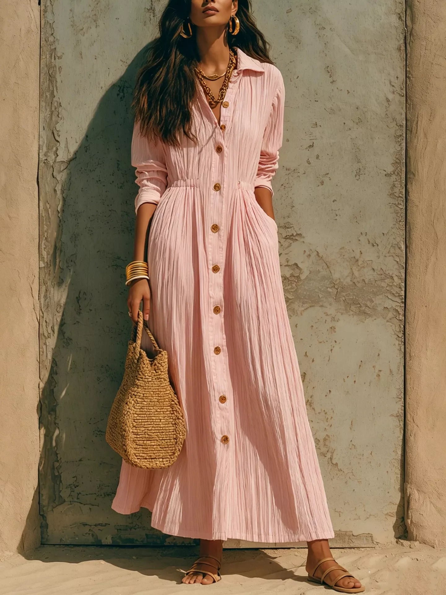 Full Size Textured Button Down Long Sleeve Maxi Dress Plus Size - Pink - Styled Front View