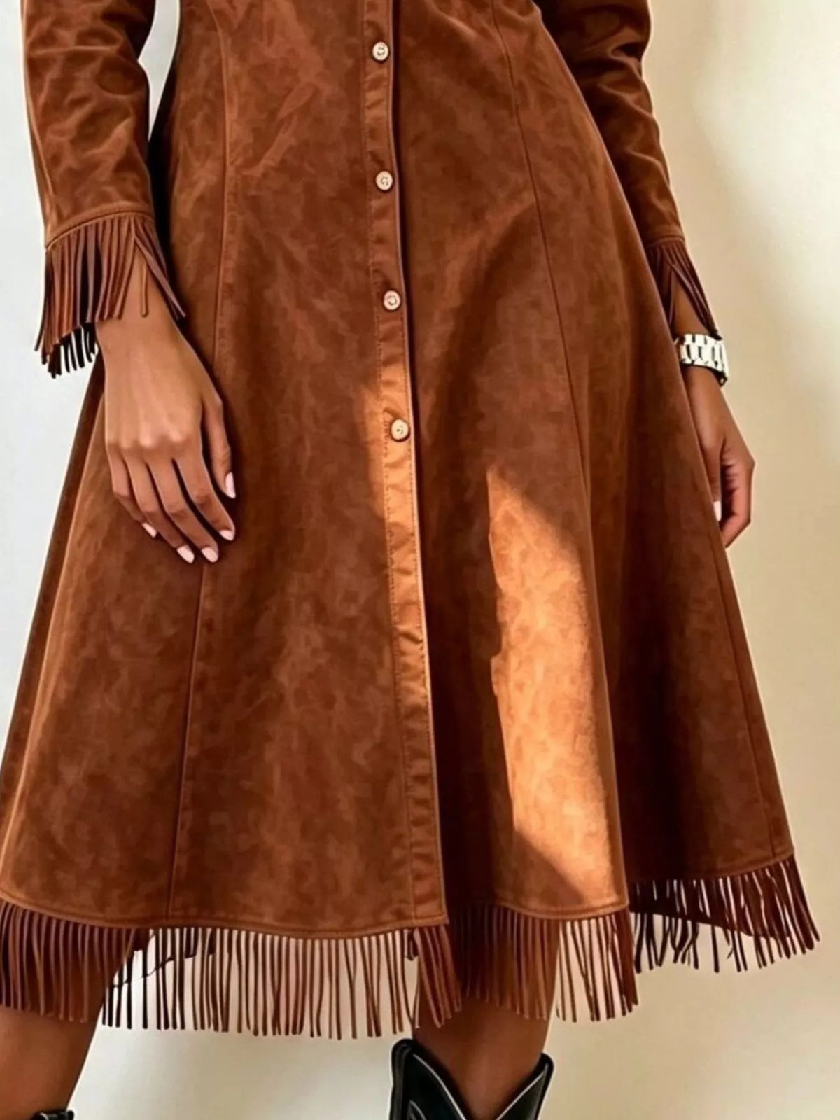 Full Size Fringed Button-Down Outerwear Plus Size - Brown - View 1