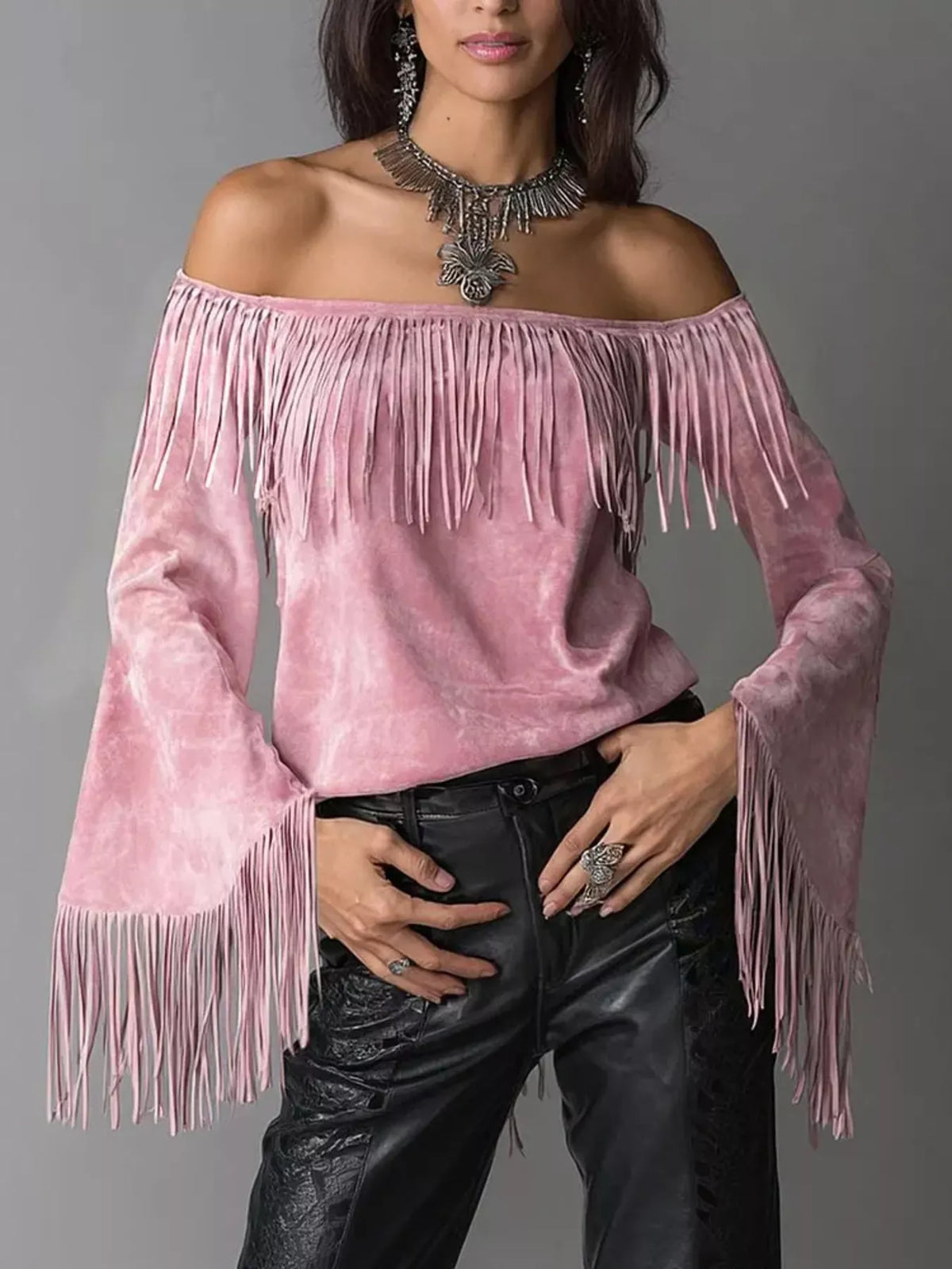 Full Size Fringed Off-Shoulder T-Shirt Plus Size - Pink - View 1