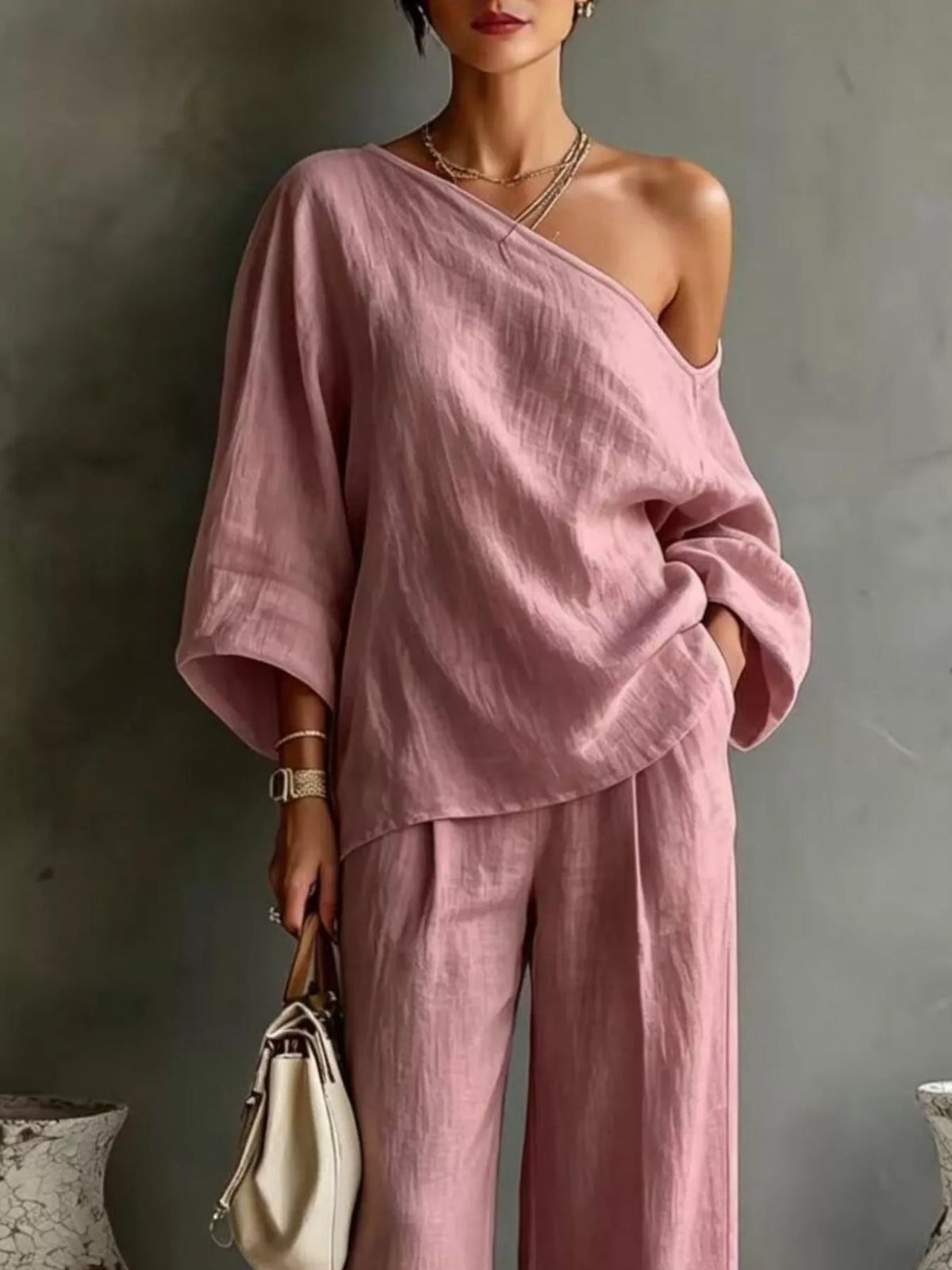 One Shoulder Top and Wide Leg Pants Set - Dusty Pink - View 2