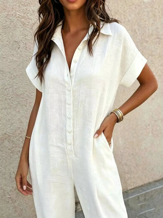 Button Front Short Sleeve Jumpsuit - White - View 2