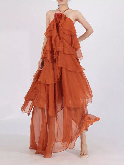 Ruffled Chiffon Halter Neck Maxi Dress - Orange - Styled Three Quarter Front View