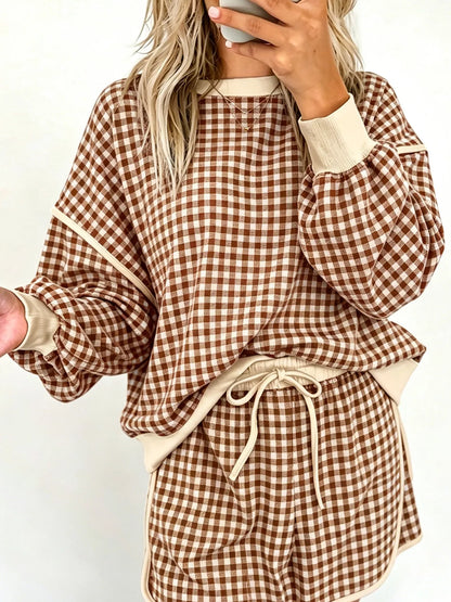 Plaid Long Sleeve Top and Shorts Set - Khaki - View 1
