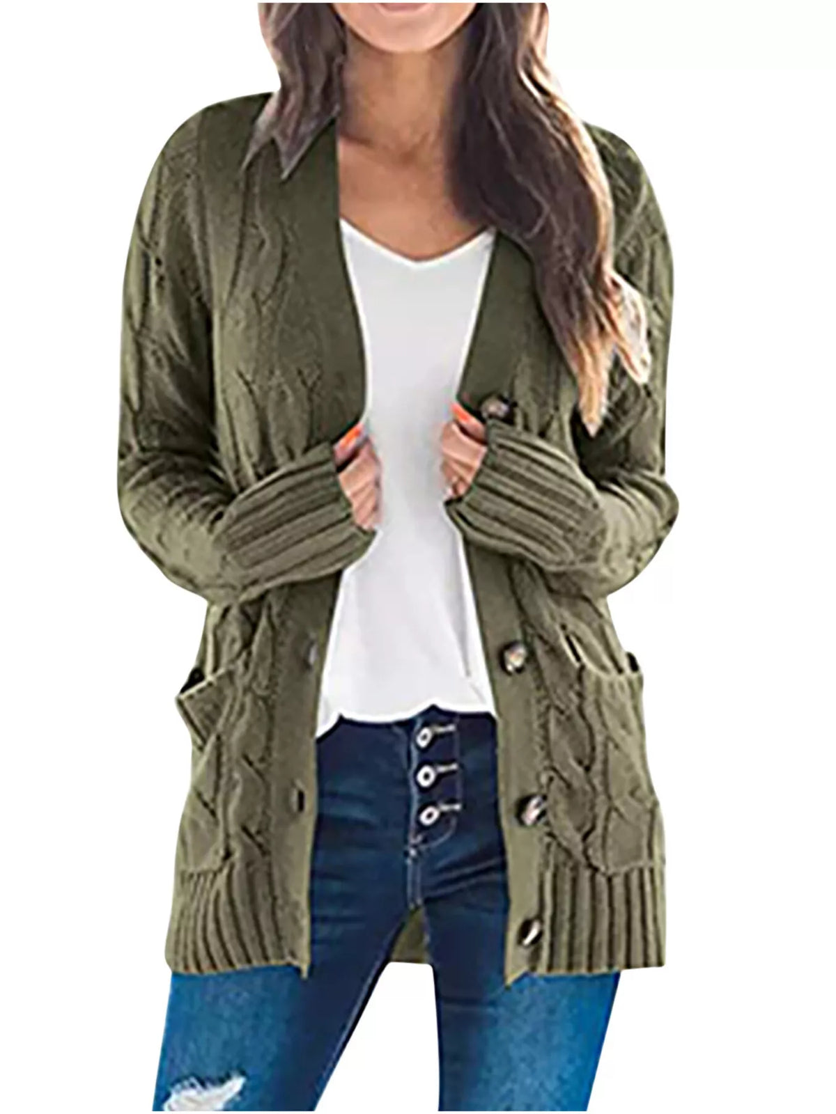 Full Size Chunky Cable Knit Button-Down Cardigan Plus Size - Army Green - View 1