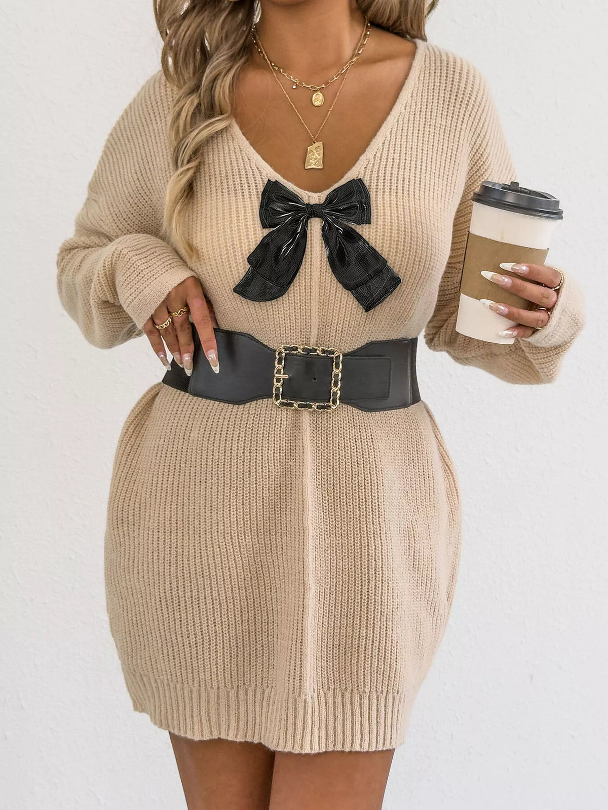 Bow Ribbed Knit Sweater Dress - Apricot - View 4