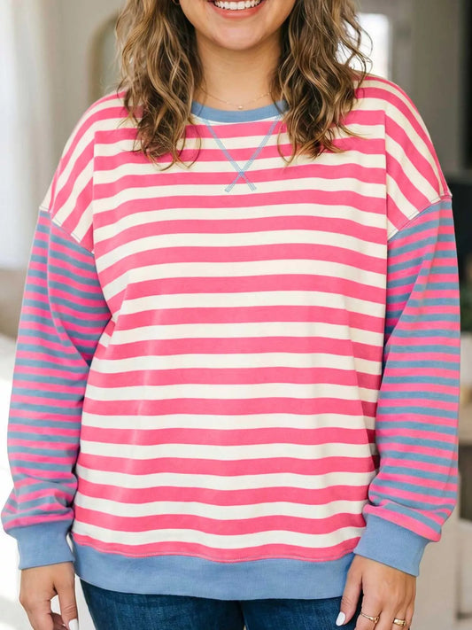Plus Size Color Block Striped Crewneck Long Sleeve Shift Tunic Sweatshirt - Blush Pink - View 1