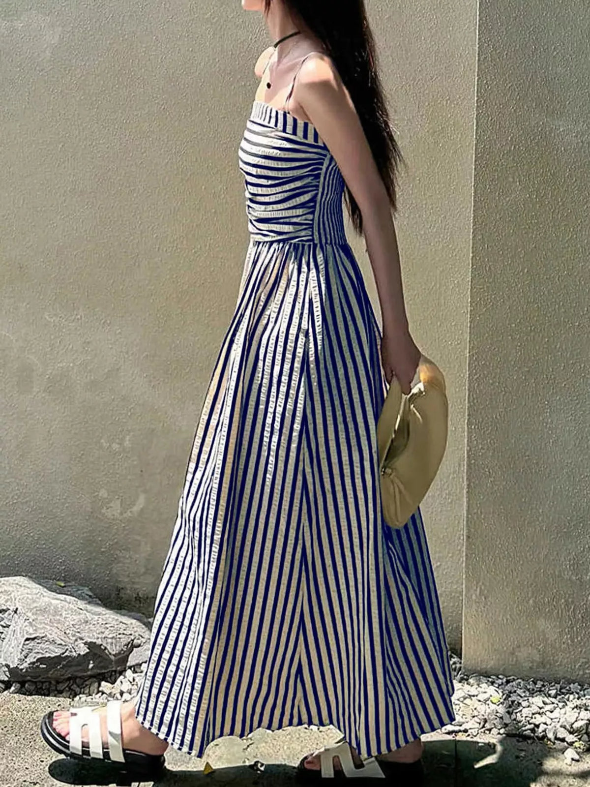 Striped Spaghetti Strap A-Line Maxi Dress - Blue - View 7