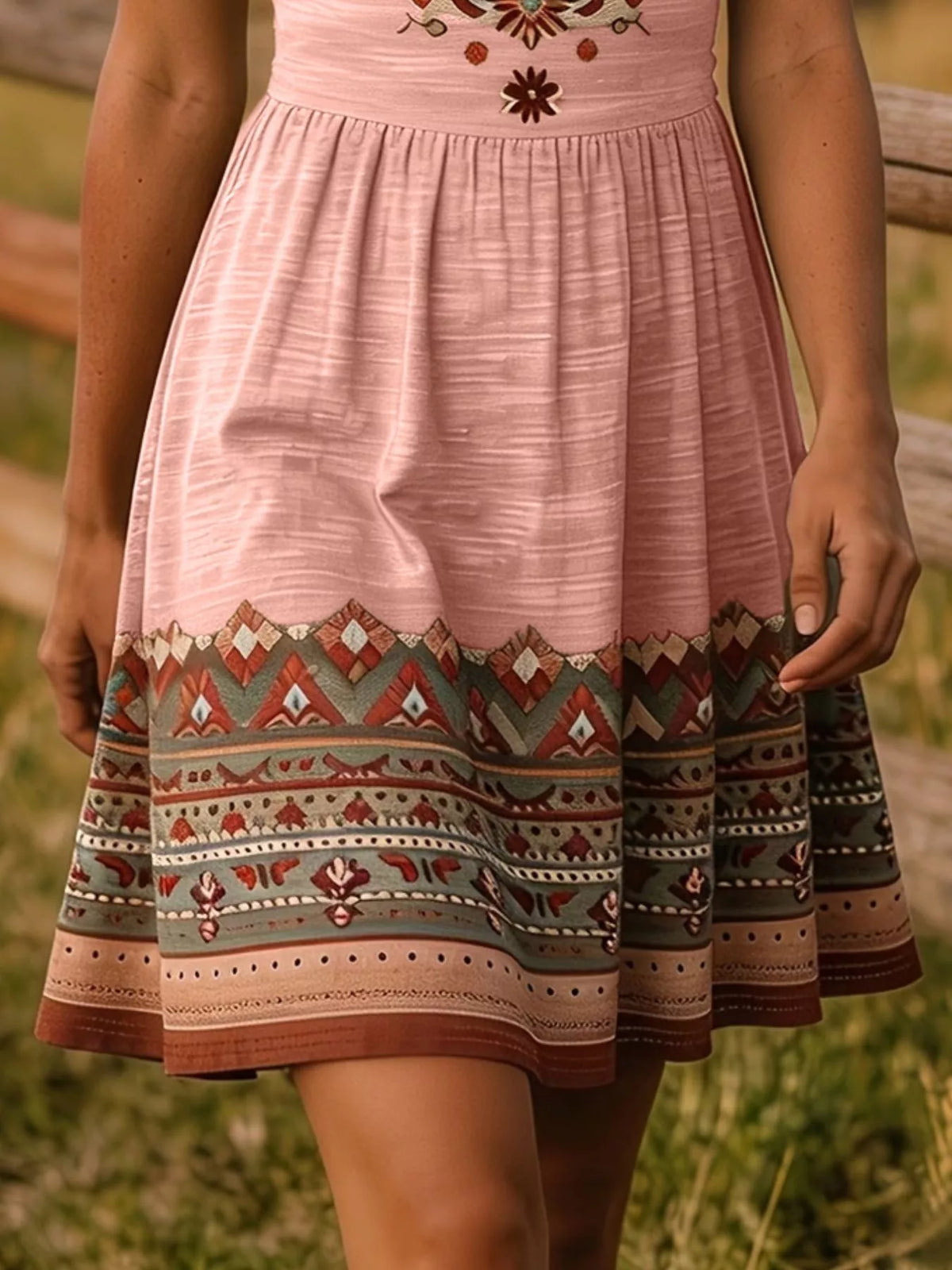 Tribal Print Sleeveless A-Line Summer Dress - Pink - View 6
