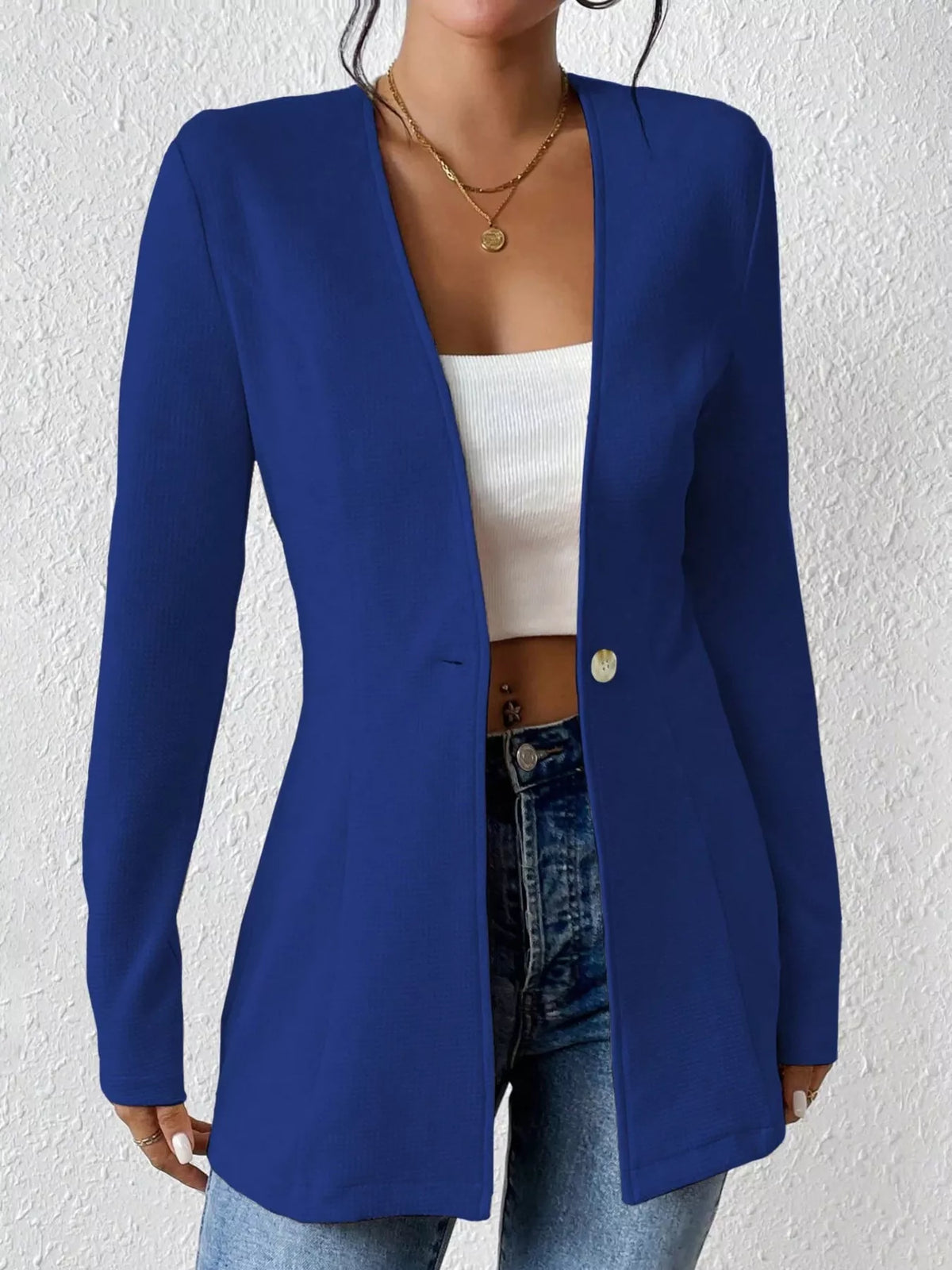 One Button Long Sleeve Blazer - Blue - View 8