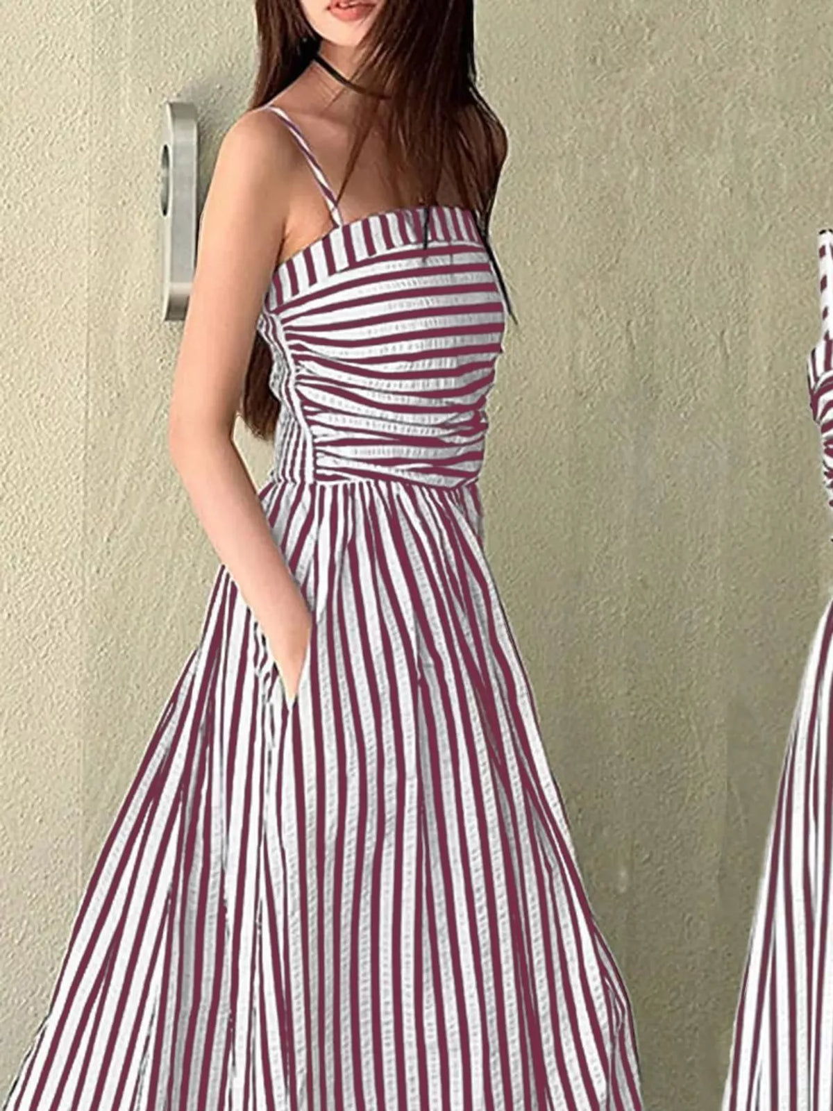 Striped Spaghetti Strap A-Line Maxi Dress - Pink - View 10