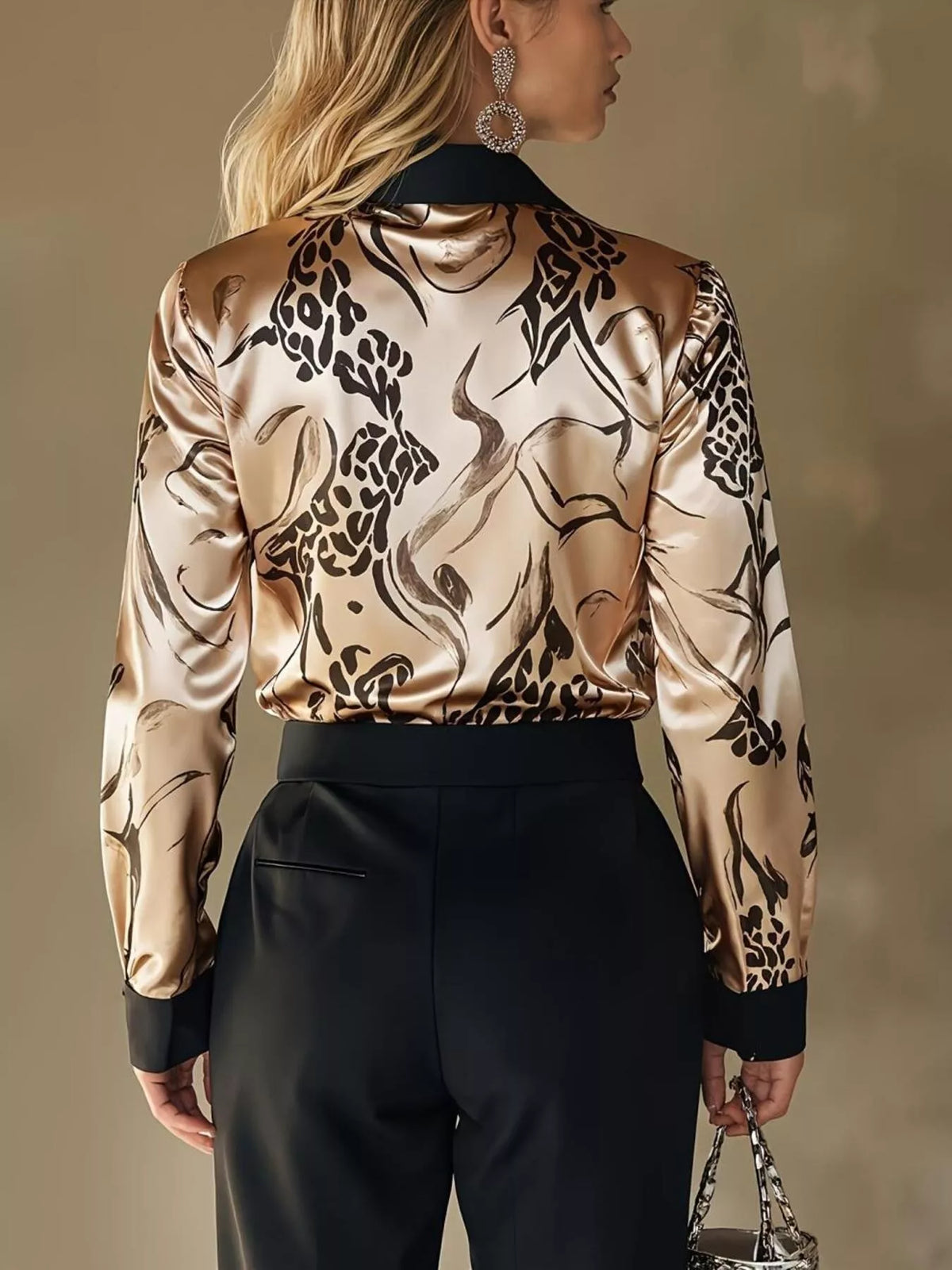 Printed Button Up Satin Shirt - Khaki - View 5