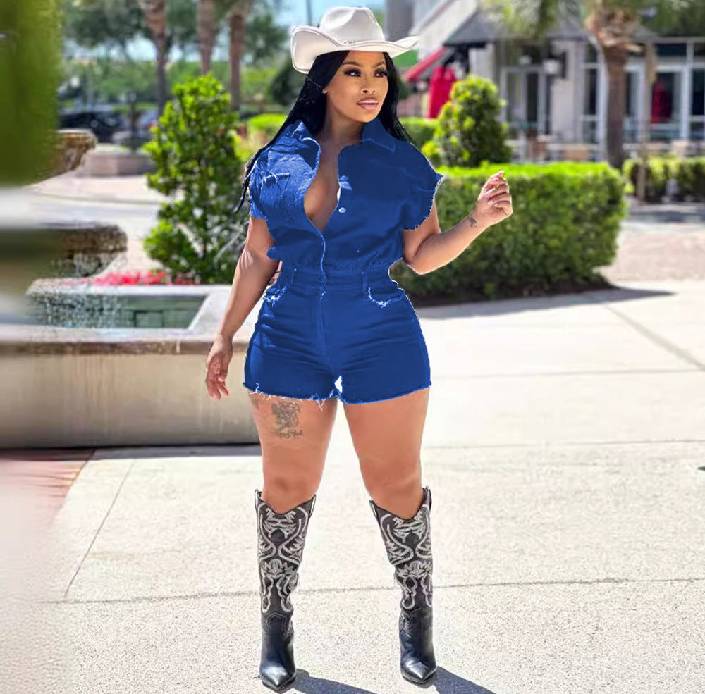 Women's Elastic Waist Jumpsuit Fashion Casual Stretch Denim Jumpsuit for Summer Street Style