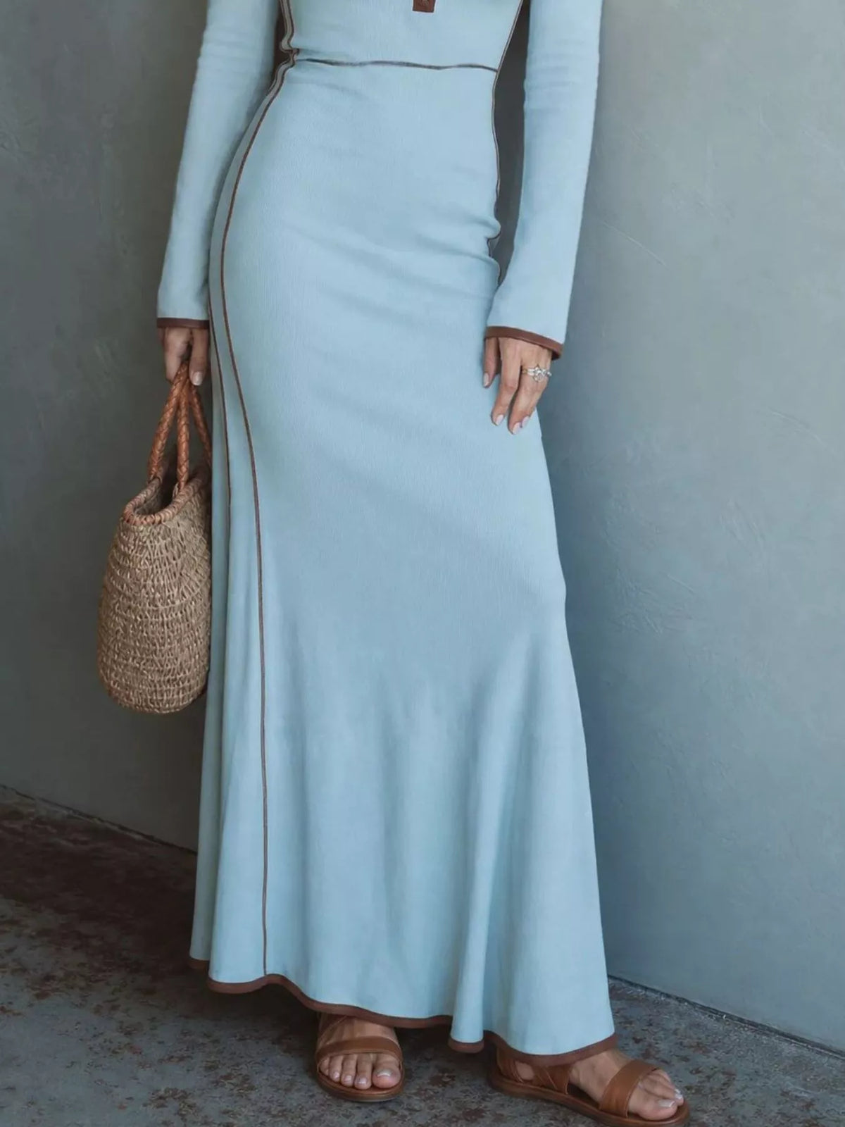 Full Size Contrast Trim Zip-Up Long Sleeve Knit Maxi Dress Plus Size - Sky Blue - View 3