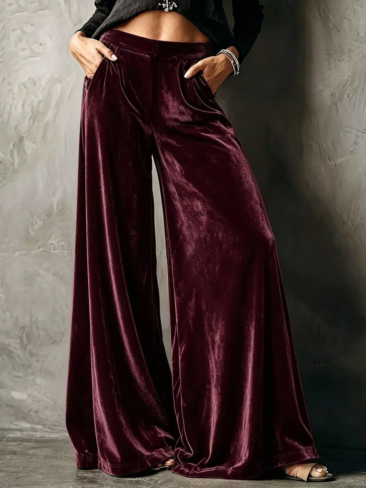 Full Size High-Waisted Wide-Leg Velvet Pants Plus Size - Burgundy - View 1