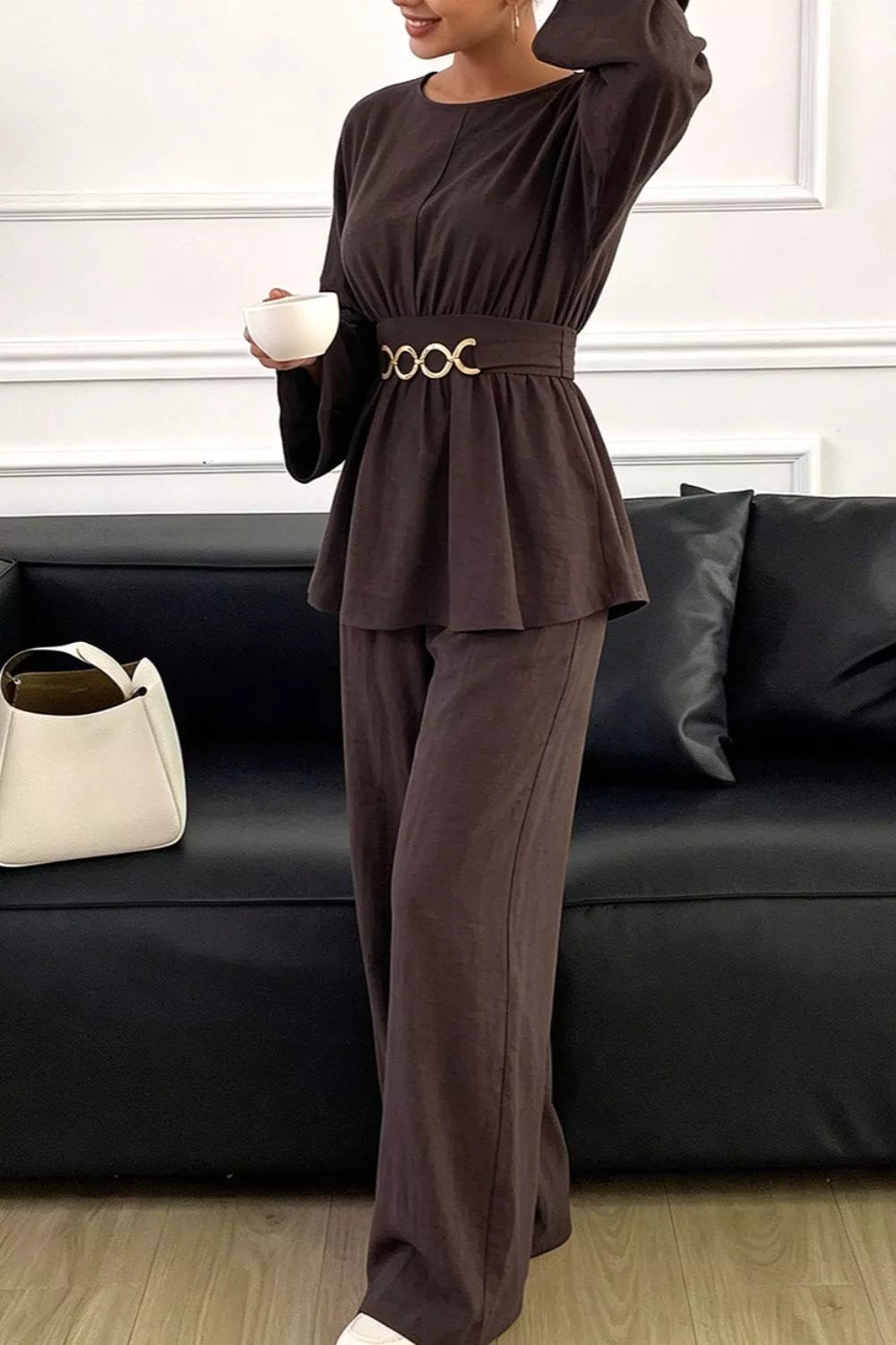 Metal Chain Waist Detail Top and Pants Set - Beige - View 3