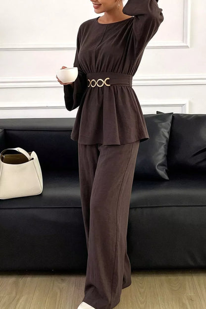 Metal Chain Waist Detail Top and Pants Set - Beige - View 3