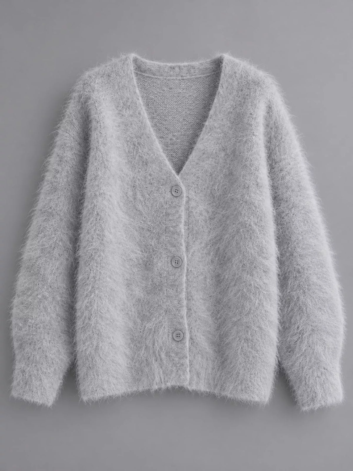 Fuzzy V-Neck Button-Down Cardigan - Light Gray - View 4