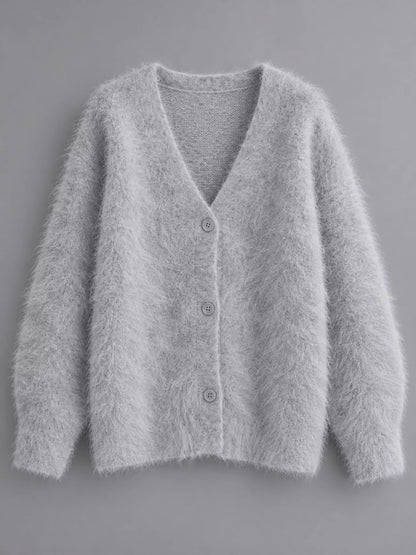 Fuzzy V-Neck Button-Down Cardigan - Light Gray - View 4