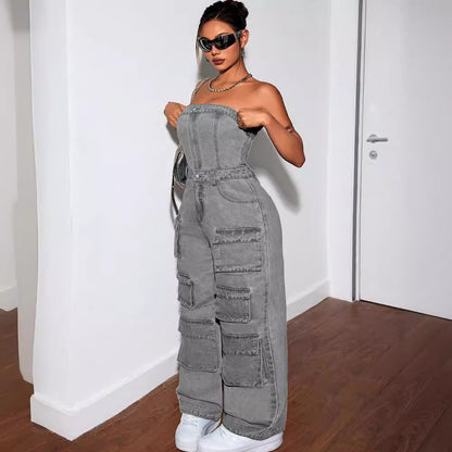 Women's Denim Jumpsuit Fashion Crop Top Multi-Pocket Utility Pants
