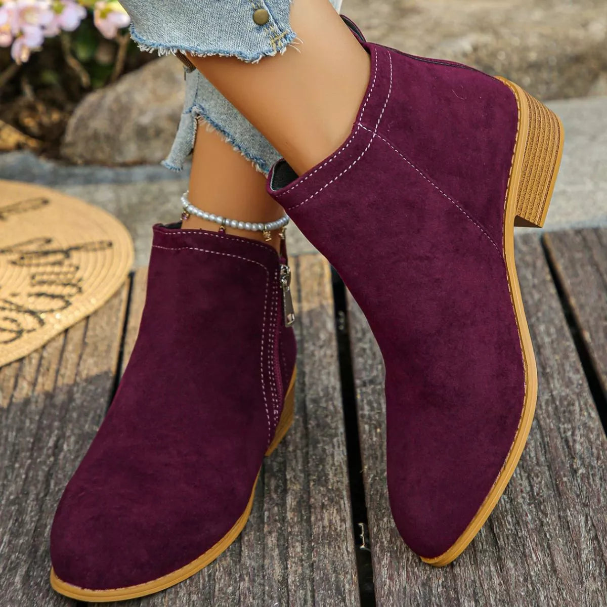 Point Toe Block Heels Boots - Burgundy - View 4