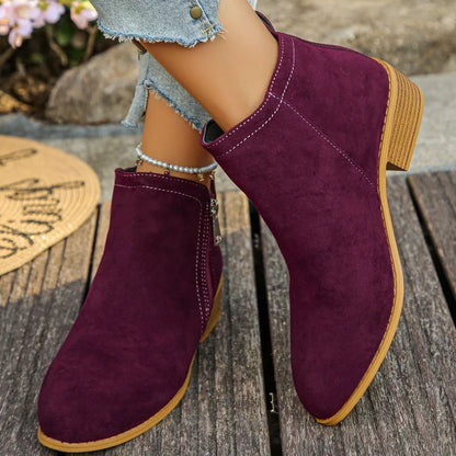 Point Toe Block Heels Boots - Burgundy - View 4
