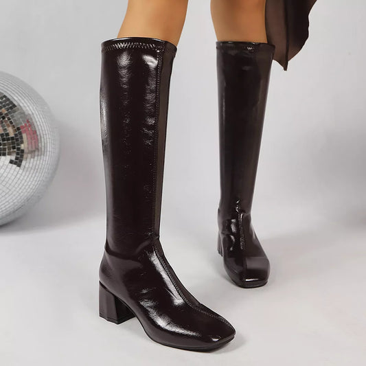 Square Toe Block Heels Boots - Black - View 1