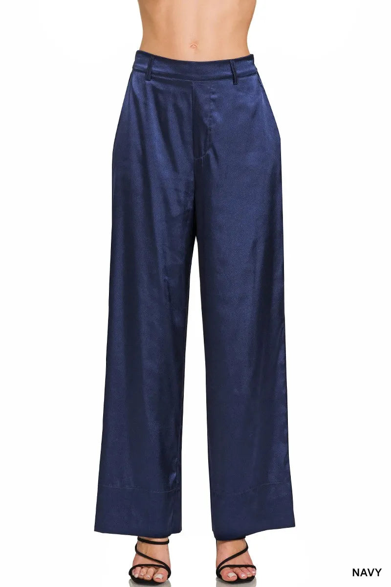 Zenana Wide-Leg Satin Pants - NAVY - View 1
