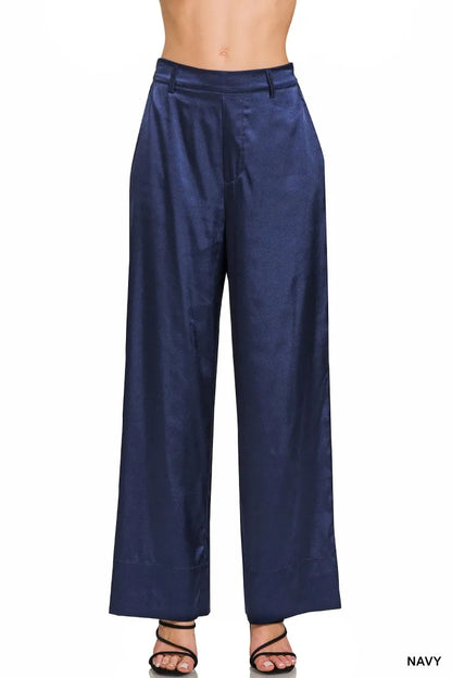 Zenana Wide-Leg Satin Pants - NAVY - View 1