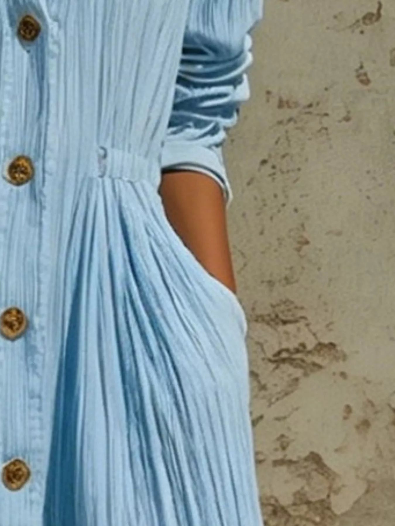 Full Size Textured Button Down Long Sleeve Maxi Dress Plus Size - Sky Blue - Pocket Detail View