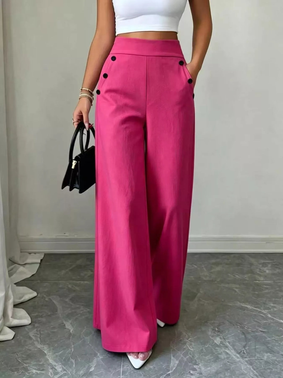 High-Waisted Wide-Leg Pants - Fuchsia Pink - View 1